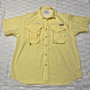 Columbia PFG Fishing Shirt Men's Yellow XL Nylon Short Sleeve Pockets Button-Up